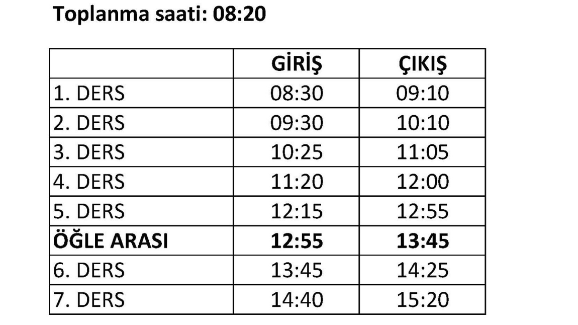 Okulumuz ders başlangıç - bitiş saatleri